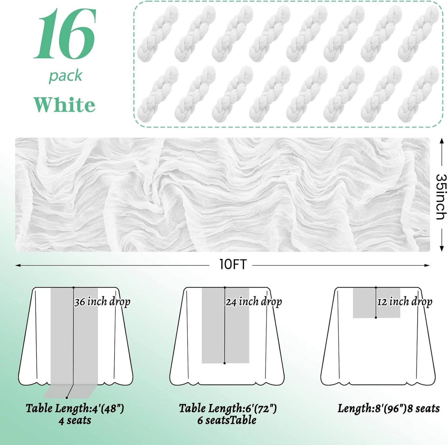16Pack White Table Runner 10FT Cheesecloth Table Runner 35x120Inch Long Boho Cheese Cloth Table Runners Rustic Gauze Table Runners for Party Wedding Bridal Shower Baby Shower Decorations
