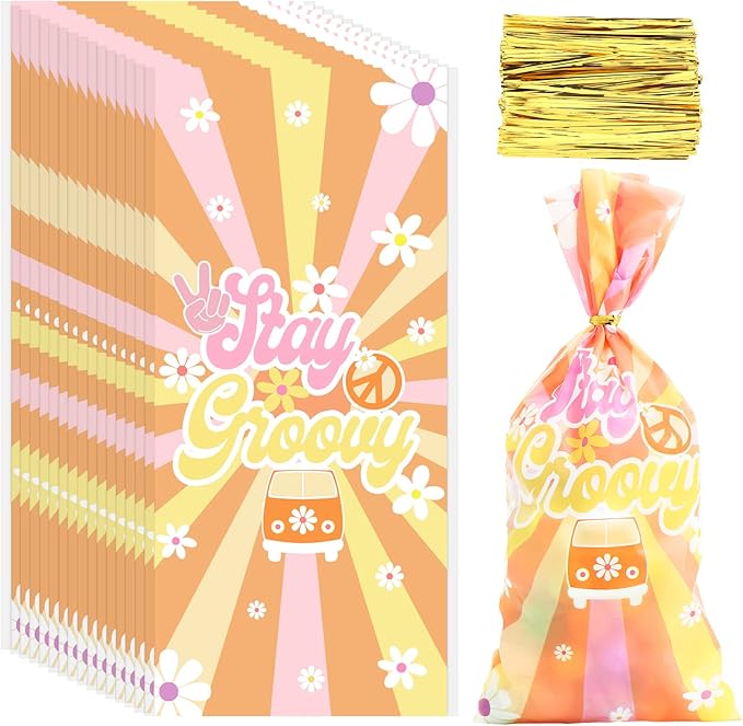 Epakh 100 Pcs Groovy Party Favor Bags Hippie Boho Groovy Retro Daisy Flower Goodie Treat Bag with 150 Pcs Gold Twist Ties for Girls 60's 70's Birthday Baby Shower Party Supplies