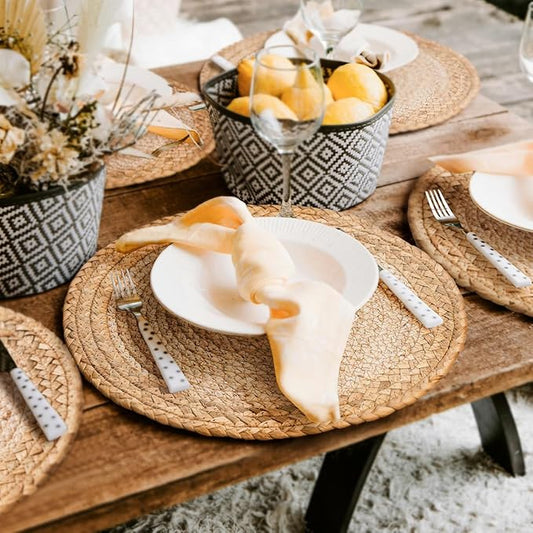 13 in Woven Placemats Plate Chargers Set of 8, Boho Farmhouse Rustic Round Place Mats for Dinner Plates, Rattan Wicker Table Mats Chargers for Dining Table Decor