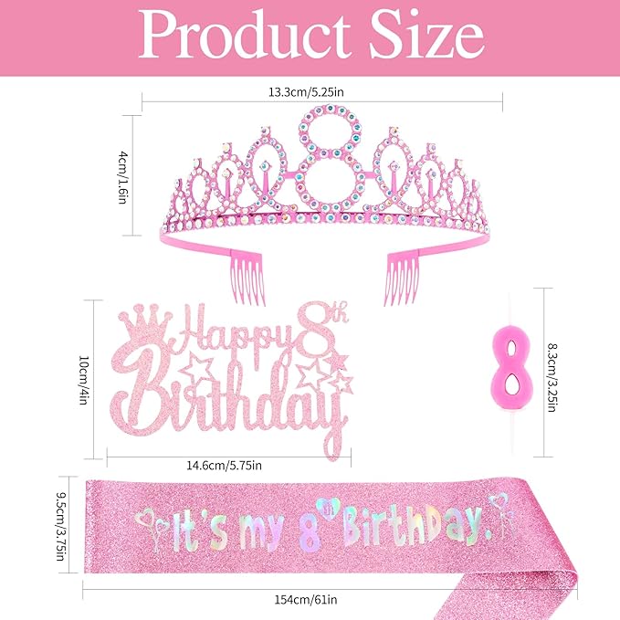 8th Birthday Party Decorations Set for Girls- Pink Crown, Glitter Sash, Number 8 Candle & Cake Topper Kit for Birthday Celebrations Party Supplies Gift