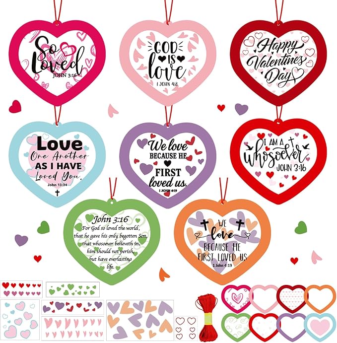 Frienda 48 Set Christian Valentines Crafts Religious Valentine's Day Craft Kit with Sticker DIY Christian Religious Hanging Ornament Make Your Own Sunday School Home Decor for Party Favors Activities
