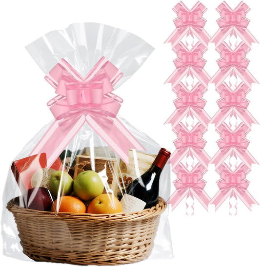 PigPotParty 24"x30" Clear Cellophane Gift Bags with Pink Bows – 10 Pack Large Cellophane Wrap for Gift Baskets, Plastic Gifts Bags for Baby Girl Shower, Birthday Party and Bridal Shower