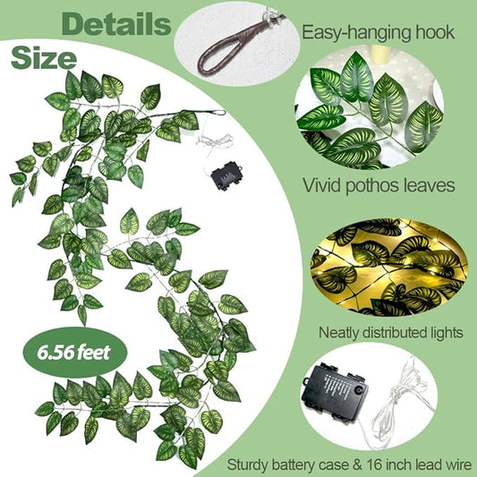 6.56FT Green Vines Garland with Lights 96 LED Battery Operated with Timer Faux Photos Vines Twig with Lights Spring Garlands Decortions for Mantel Fireplace Table Wall Patio Wedding Holiday Home Decor