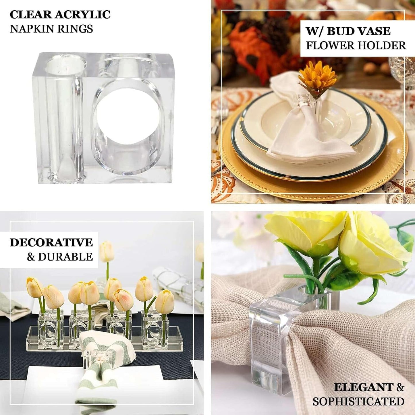 Efavormart 4 Pack | Clear Acrylic Square Mini Bud Vase Napkin Rings, 2-in-1 Flower Napkin Holders