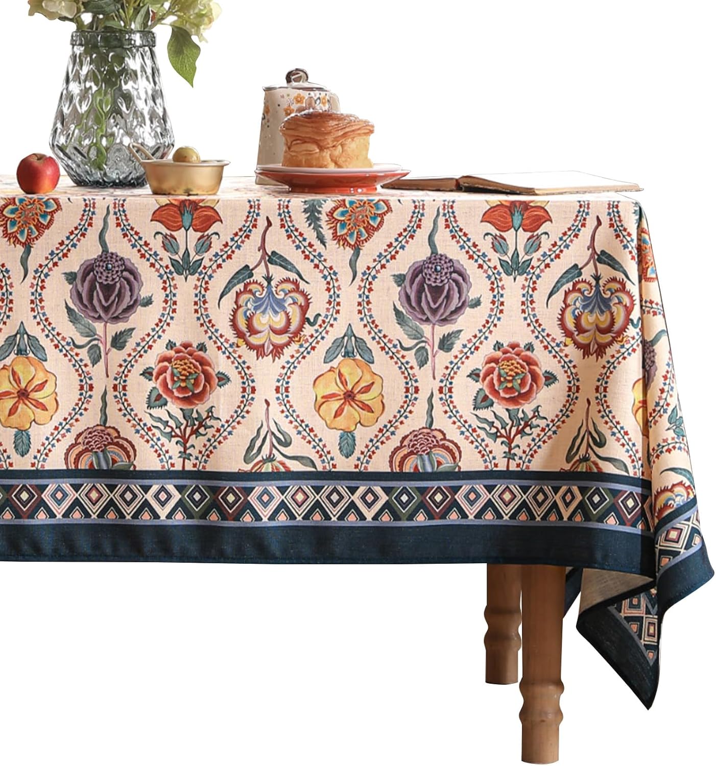Vintage French Long Rectangular Tablecloth,Linen Tablecloth with Rose and Cornflower Pattern,Decorative Table Cover for Kitchen,Dining,Thanksgiving,Christmas,Tea Party,63"*94"-Lanae