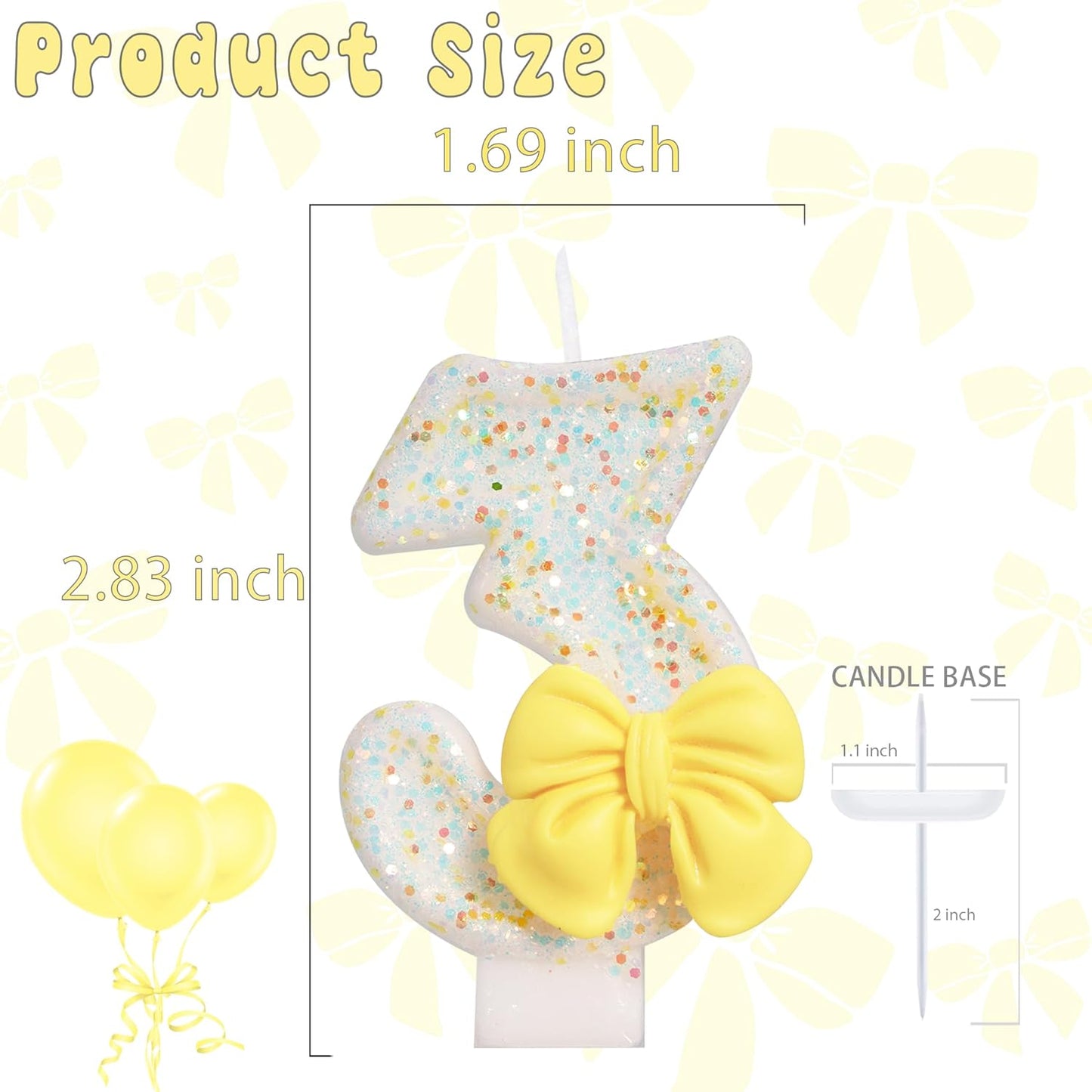 Birthday Candle for Cake, Yellow Bow Cake Candles, Cake Topper Decoration for Birthday Party (Number 3)