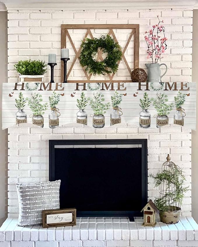 Eucalyptus Leaves Fireplace Mantel Scarf Table Runner, Farmhouse Botanical Plants Wooden Grain Winter Garland Mantel Top Tablerunners Dresser Scarves Decor for Windows Party Living Room 70''x17''