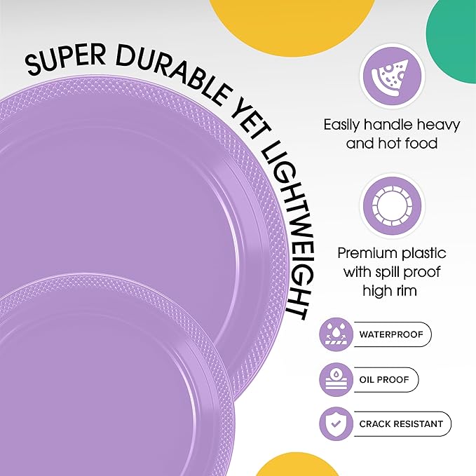 Party Solids Lavender Plastic Plates For Party Supplies, Lavender Disposable Plates 100 Pieces - 50-7" & 50-9" Heavy Duty 350 GSM Disposable Dinnerware Sets, Plastic Dinnerware Sets