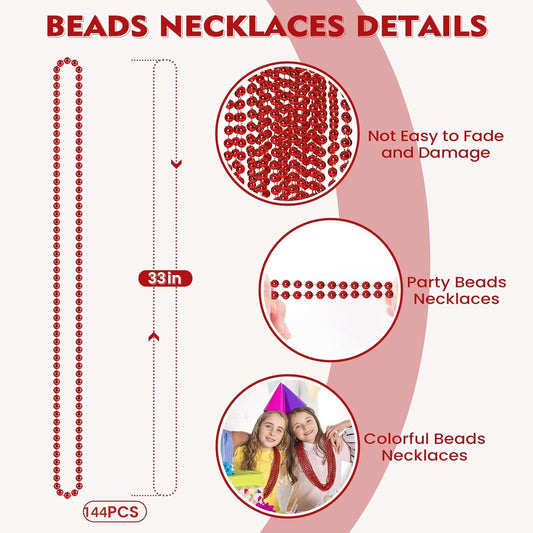 SHAOQINLIN 144 PCS Red Mardi Gras Beads, Christmas Beaded Necklace, Red Valentine Necklace, 4th of July Necklaces, 33'' Party Beads for Patriotic Day, Mardi Gras, Christmas Party Favors