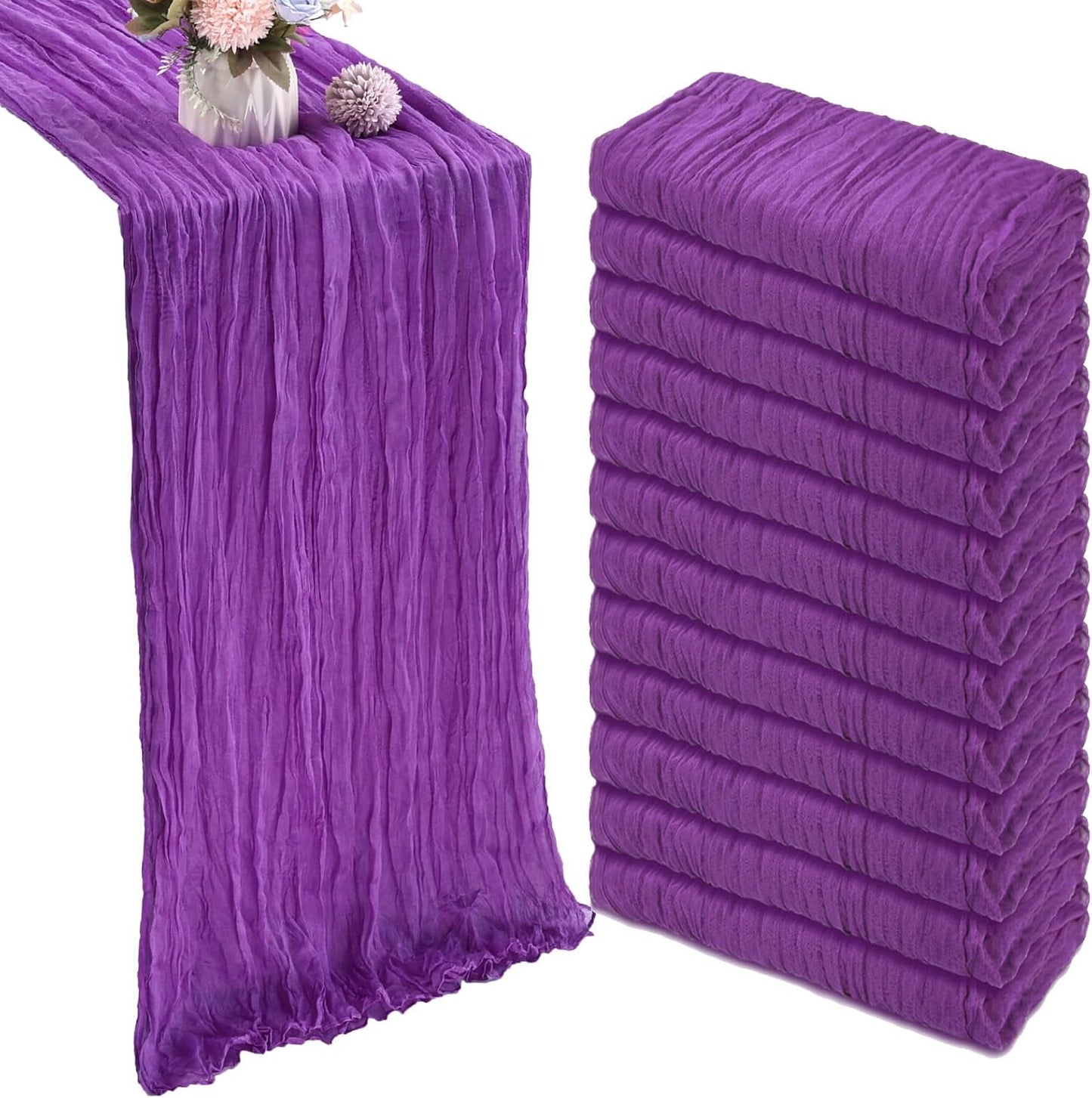 12 Pack 10FT Purple Cheesecloth Table Runner 35x120 Inch Gauze Rustic Boho Fall Table Runner Cheese Cloth for Thanksgiving Wedding Decor Birthday Party Bridal Baby Shower Table Centerpiece Decoration