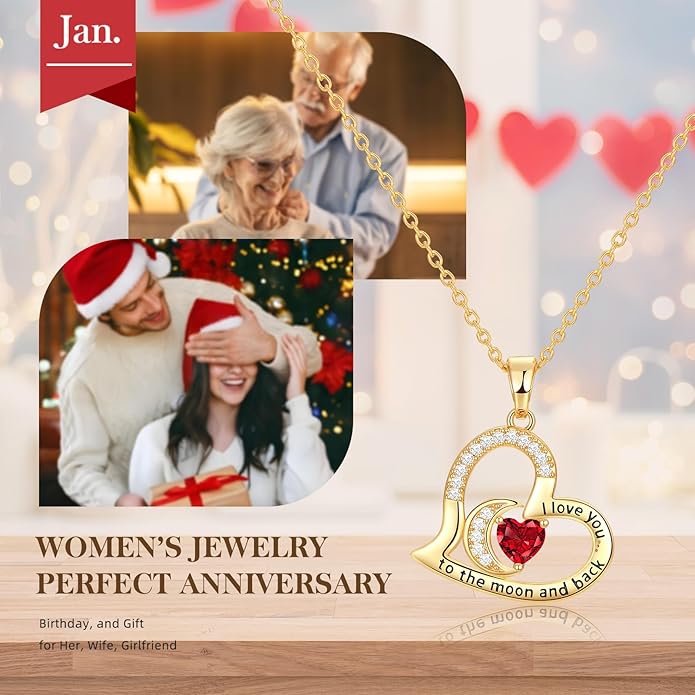 Anniversary Necklace for Women Birthstone Jewelry for Wife Gifts for Her Wife Birthday Gift Ideas Anniversary for Girlfriend I love you to the moon and back Necklaces Filled 925 Sterling Sliver
