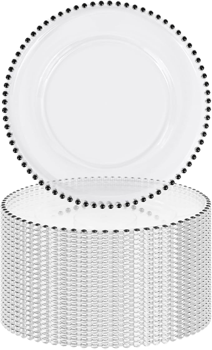 24 PCS Clear Round Charger Plates with Beaded Rim, 13 Inch Plastic Acrylic Plate, Plastic Round Beaded Dinner Decorative Service Plates for Wedding Party Event, Home Kitchen Tabletop(Black)