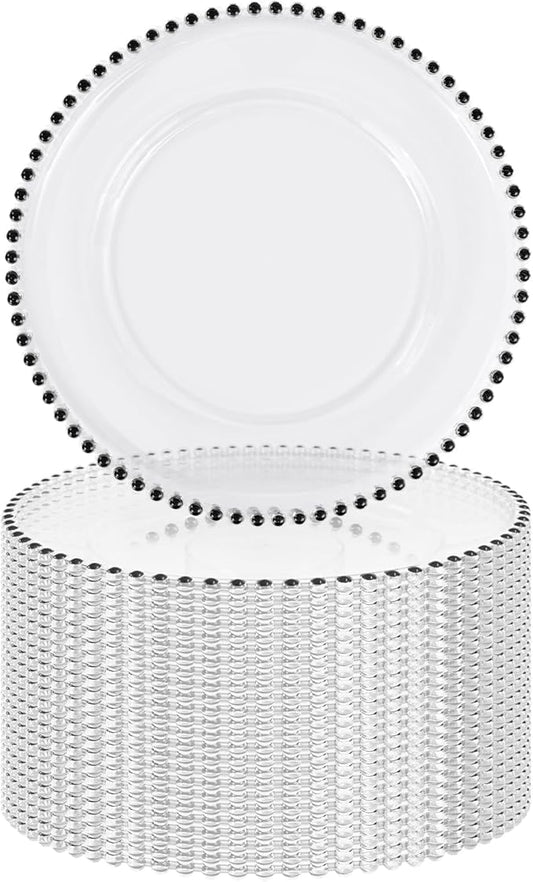 24 PCS Clear Round Charger Plates with Beaded Rim, 13 Inch Plastic Acrylic Plate, Plastic Round Beaded Dinner Decorative Service Plates for Wedding Party Event, Home Kitchen Tabletop(Black)