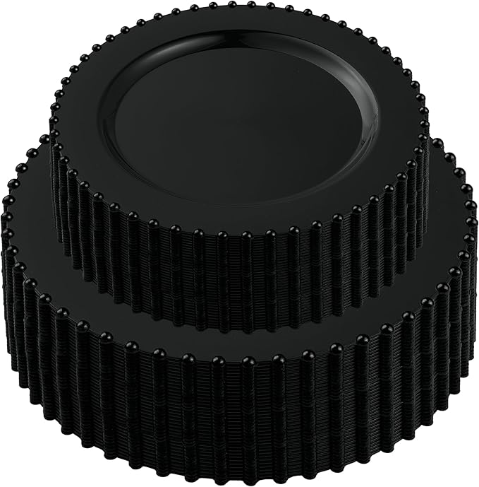 PLASTICPRO 128 Piece Combo Plastic Dinner Plates Disposable Plastic Fancy Heavy Duty Party Dishes 7 inch and 10 inch, Black Beaded
