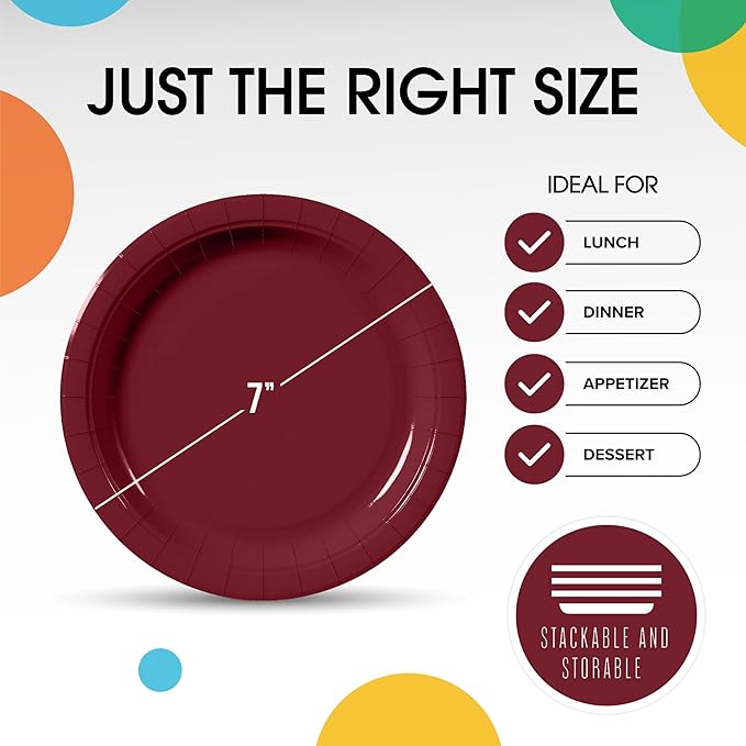 Exquisite Burgundy Paper Plates Disposable Heavy Duty 7 Inch Burgundy Disposable Plates For Party 100 Pcs Heavy Duty Paper Plate 350 GSM, Birthday Party Supplies Plate Set