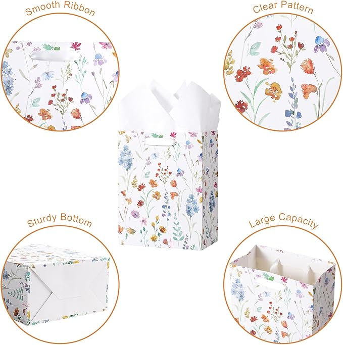 Loveinside Medium Size Gift Bags, Colorful Flower Pattern Gift Bag with Tissue Paper for Shopping, Parties, Wedding, Baby Shower, Craft-4 Pack, 7" X 4" X 9"