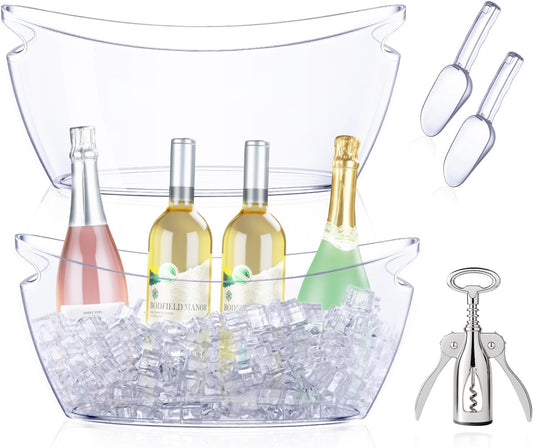 Ice Bucket for Parties, 2PCS Clear Acrylic Beverage Tubs with Scoop & Metal Wine Bottle Opener, 5.5L Large Champagne Wine Beer Cooler Chiller Bin for Cocktail Bar & Mimosa Bar Supplies
