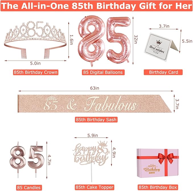 85th Birthday Party Decorations, Including 85th Birthday Sash and Crown, Cake Topper and Candles, Number Balloons, 85 Year Old Decorations Gifts Idea
