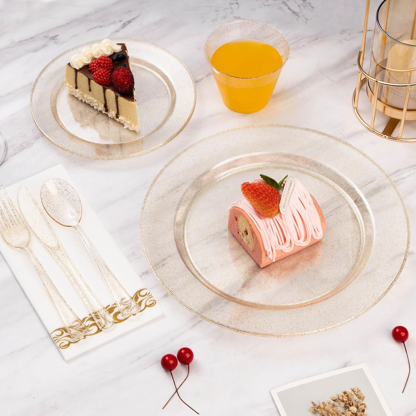 Goodluck 175 Piece Dinnerware Set for 25 Guests, Plastic Plates Disposable for Party, Include: 50 Gold Glitter Plastic Plates, 25 Paper Napkins, 25 Cups, 25 Gold Glitter Silverware Set