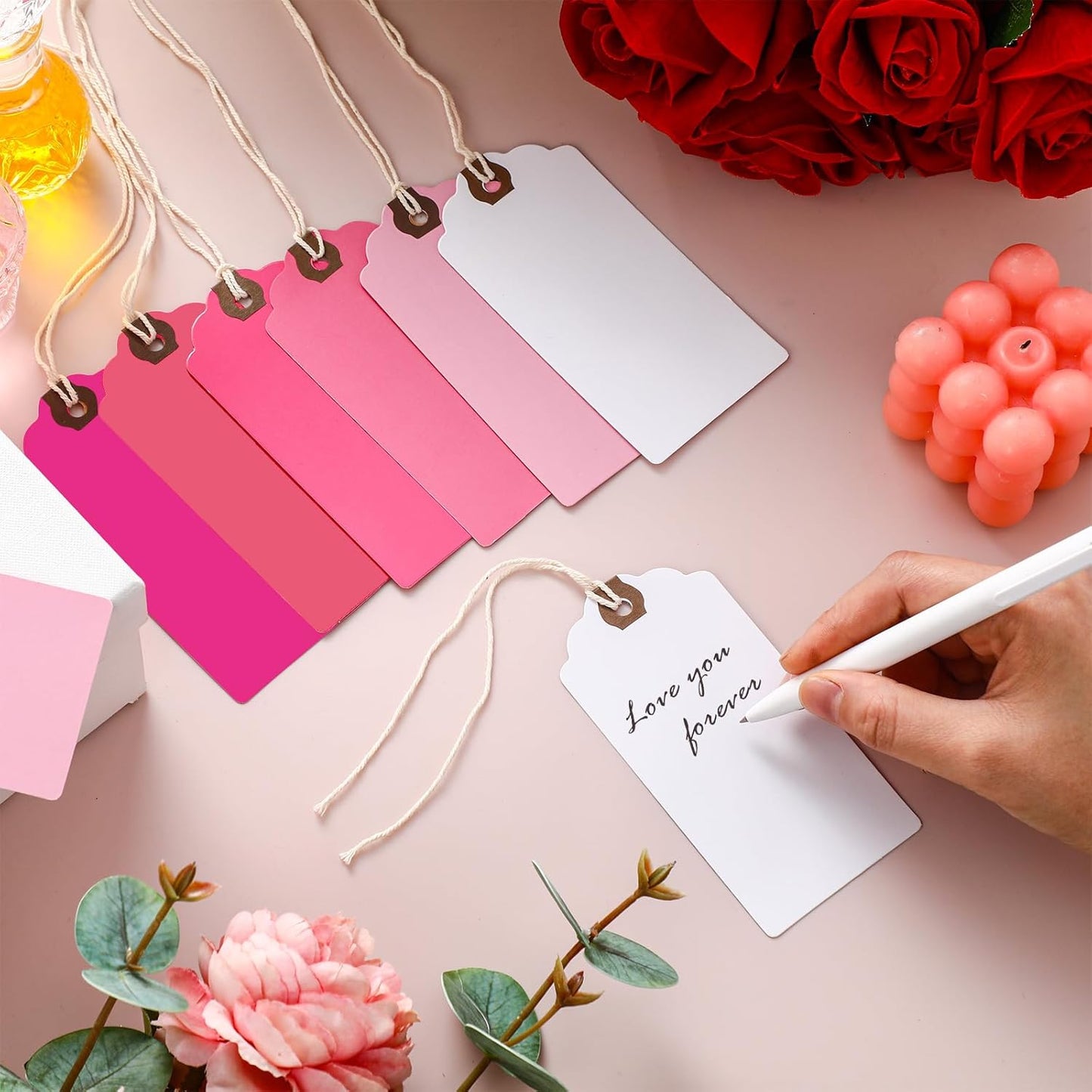 Outus 60 Pcs 4 3/4-in x 2 3/8-in Blank Large Paper Gift Tags with String and Reinforced Eyelet Wire Writable Price Tags Shipping Labels Inventory Labels(Gradient Pink)