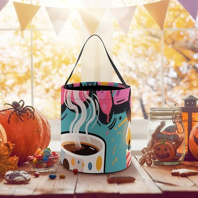 Halloween Candy Bucket - Doodle Style Coffee Cake Trick Or Treat Candy Bag, Gift Bag for Party Favor Supplies