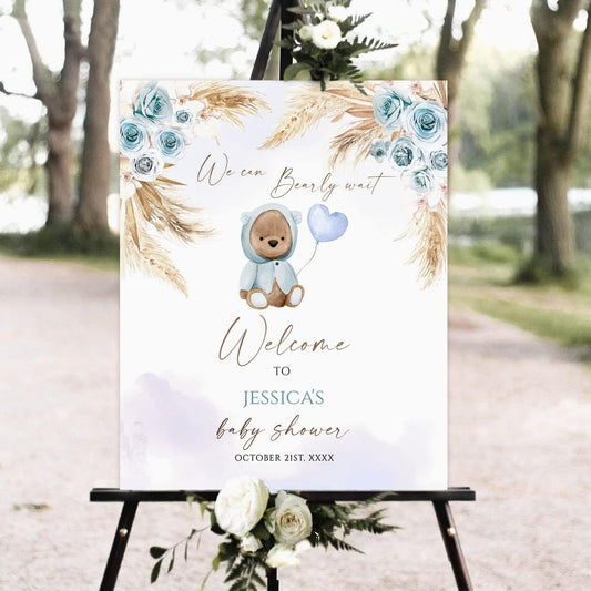 Baby Shower Welcome Sign, Baby Shower Sign, Editable Welcome Sign, blue teddy bear baby shower welcome sign