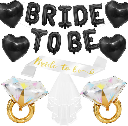 Black Bachelorette Party Decorations, Black Bride to Be Banner Heart Balloons with Diamond Ring Foil Balloon, Gold Bride to Be Sash&Veil for Bachelorette Engagement Gift Bridal Shower Party Supplies