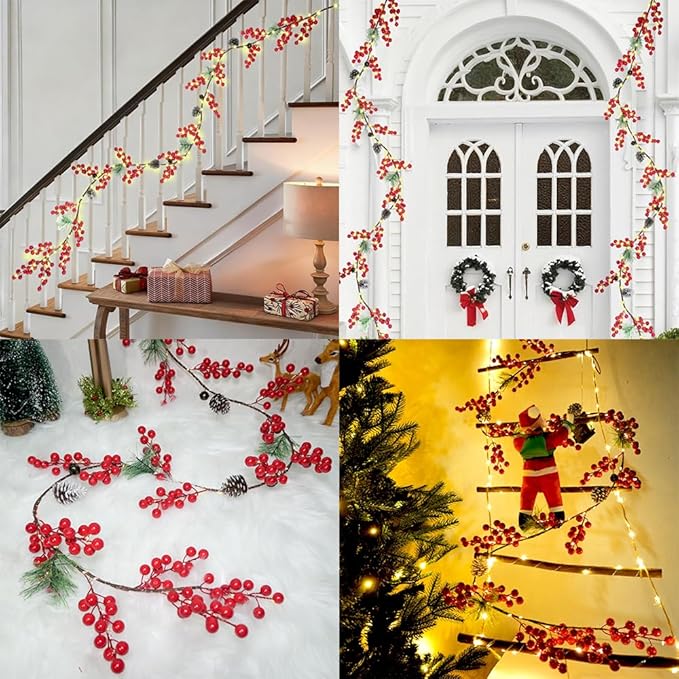 6.56FT Christmas Garland Decorations Red Berry Garlands with Lights 96 Fairy LED Lights Lighted Pine Garland for Mantle Fireplace Table Stairs Railing Xmas Tree Indoor Outdoor Winter Holiday Decor