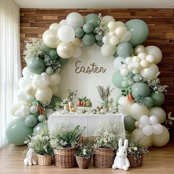 Sage Green White Balloon Garland, Double Stuffed Dusty Green Sand White Pearl Balloons Pastel Balloon Arch Kit for Baby Shower Birthday Bridal Wedding Gender Reveal Easter Party Decorations