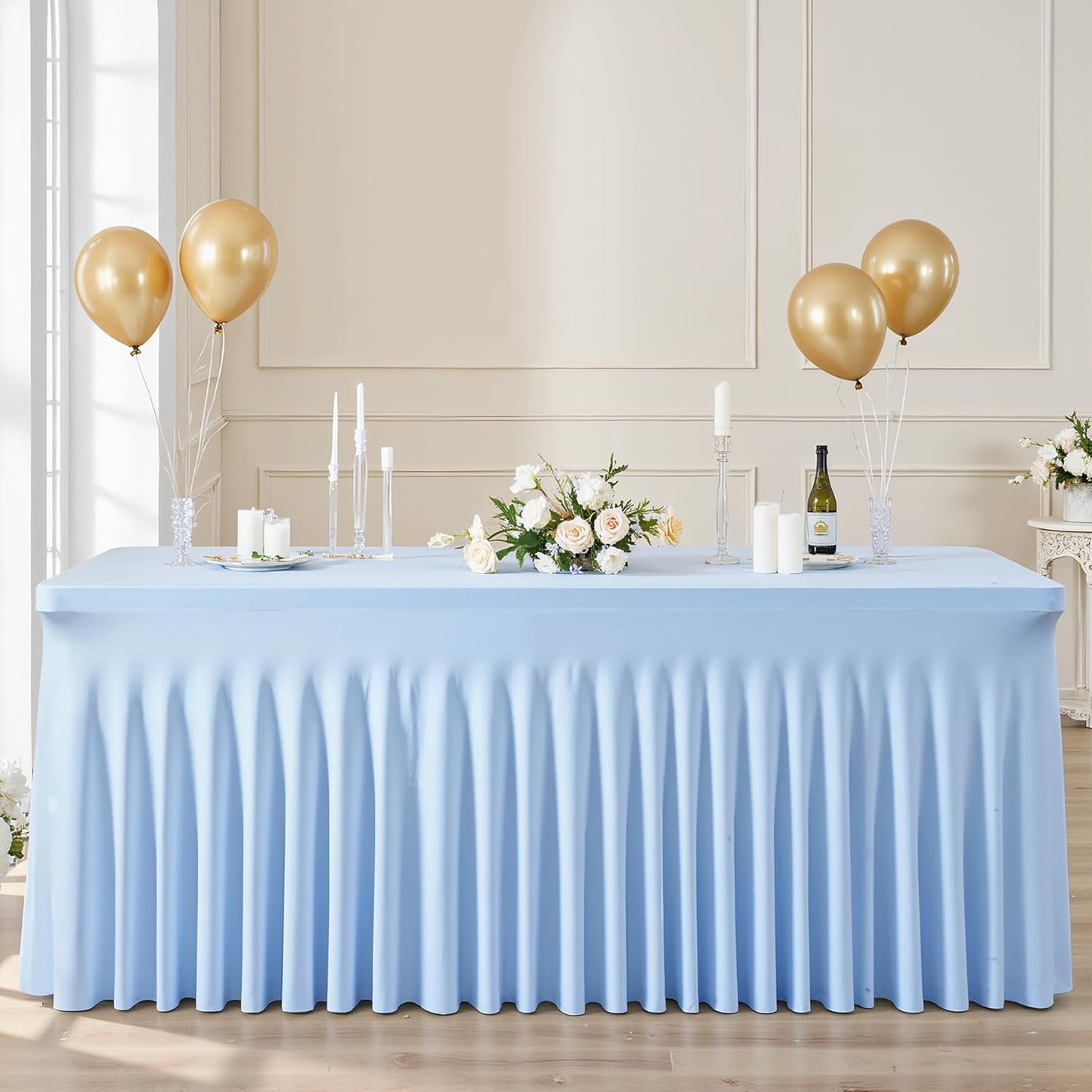6ft Baby Blue Spandex Table Cloths for Rectangle Tables Wrinkle Free Tablecloth Rectangle Stretch Fitted 6 Foot Table Cover with Skirt for Baby Shower Boy Birthday Party Wedding Banquet Buffet