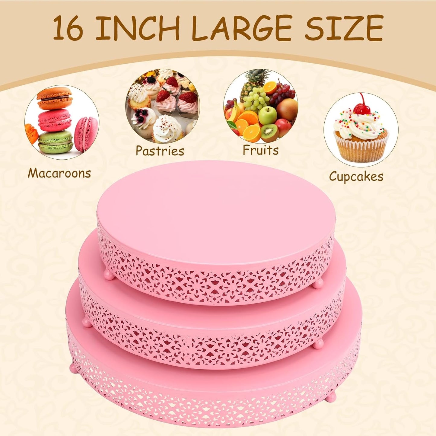 3 Piece pink cake stand Set 16'' 14'' 12'' Round Metal Cake Stands Cupcake Stand Riser Pastry Candy Display Plate for Dessert Table Wedding Event Birthday Anniversary Party (Pink)