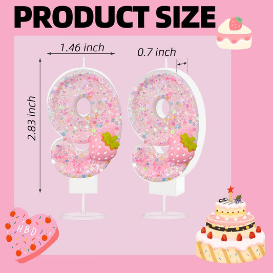 HXOUSE Strawberry Number 9 Birthday Candles - Pink Berry Birthday Candles for Cake, 9 Candle Topper for Anniversary Celebrations Supplies, Strawberry Party Decorations for Girl (No.9)