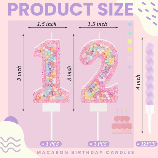 MTLEE Number 12 Birthday Candle with 12 Pcs Spiral Candles for Girls Macaron Pastel Rainbow Unicorn Pink Cake Topper for Sweet Theme Party Decoration