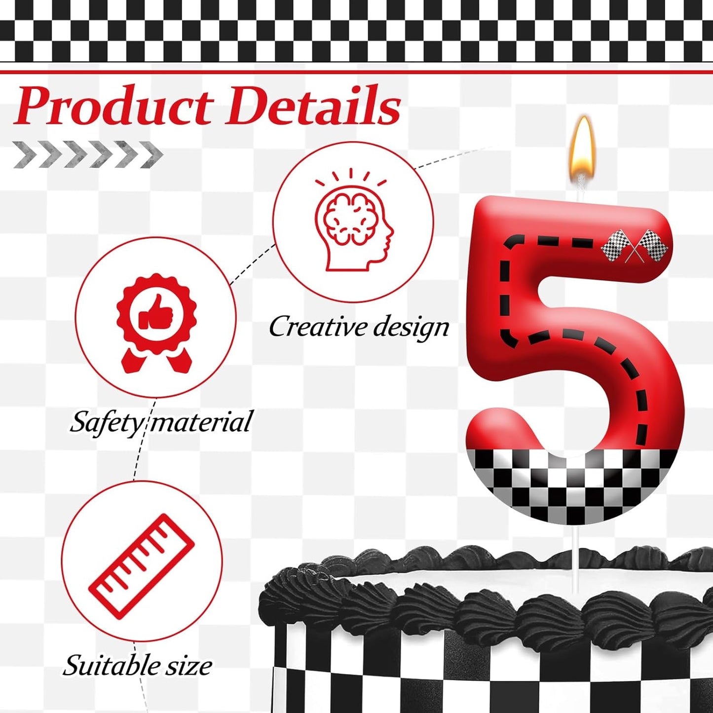 Racing Car Theme Birthday Candle with Checkered Flag Design - Durable Cake Topper for Race Car Party Decorations,Birthday Supplies - Number 5 Candle for Racing Themed Celebrations