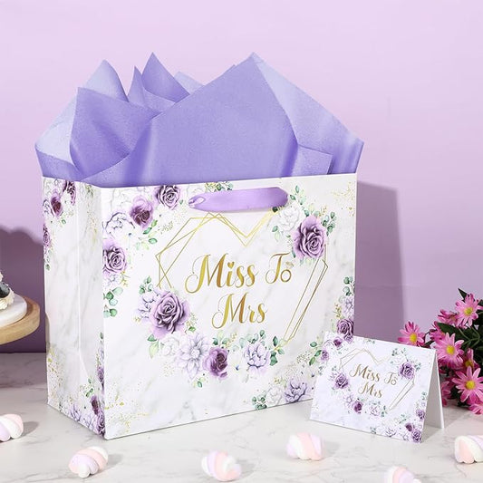 Yomaiha Purple Bridal Shower Gift Bag Wedding Miss to Mrs Gifts Bag with Tissue and Card Bridal Shower Gift Wrapping Paper Bag Floral Boho Wedding Gift Bags Bride Engagement Bachelorette Party Bag