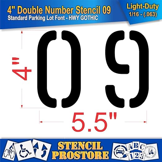 Pavement, Curb, and WheelStop Stencils - 4 inch Double Number Stencil - (09) - 4" x 5.5" x 1/16" (63 mil) - Light-Duty