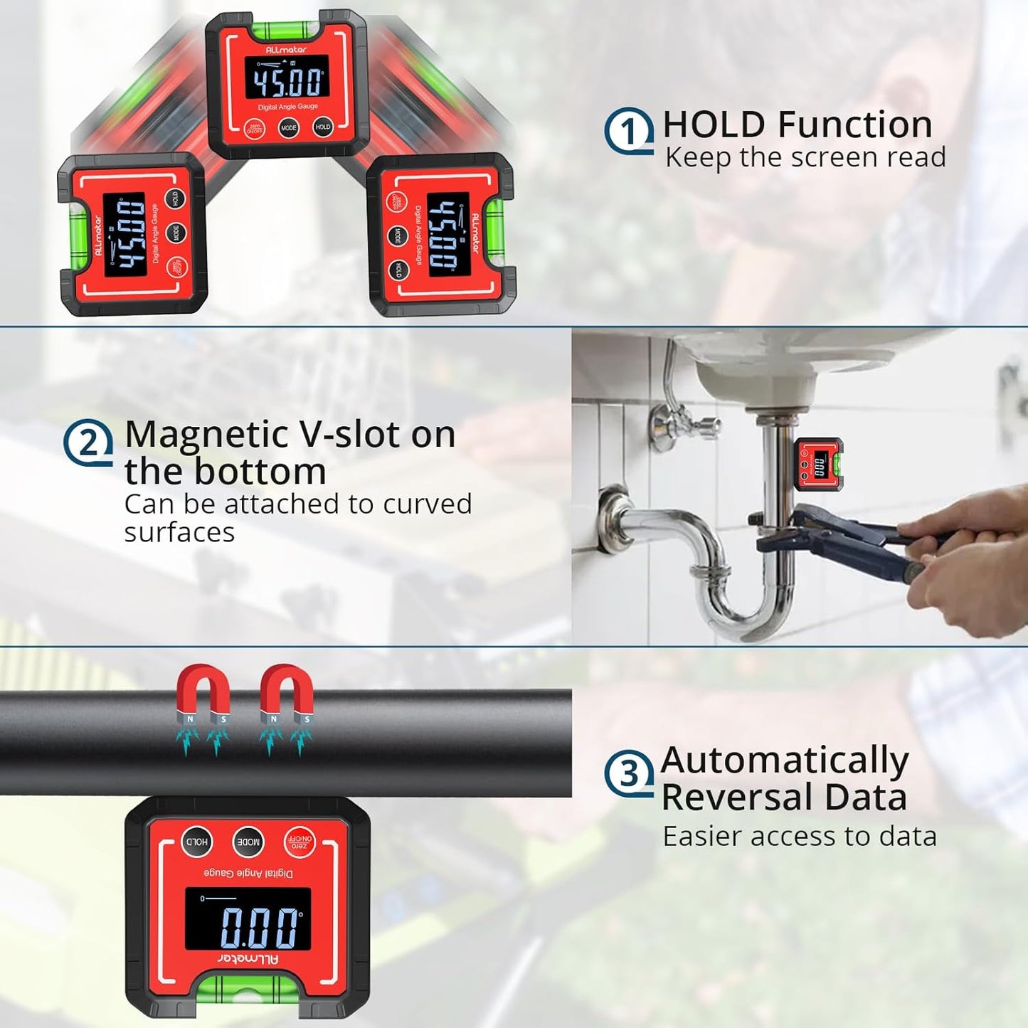 Digital Angle Finder Magnetic ±0.1° Accuracy - Professional Woodworking Table Saw Inclinometer with IP52 Protection & Bubble Level