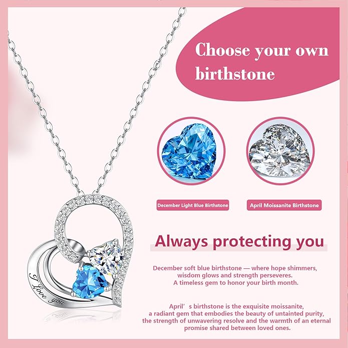 Double Birthstone Heart Necklace 0.8CT Dual-Gemstone S925 Sterling Silver Plated White Gold Engraved I Love You Perfect Anniversary/Valentine's Day Gift for Wife/Girlfriend/Mom/Daughter