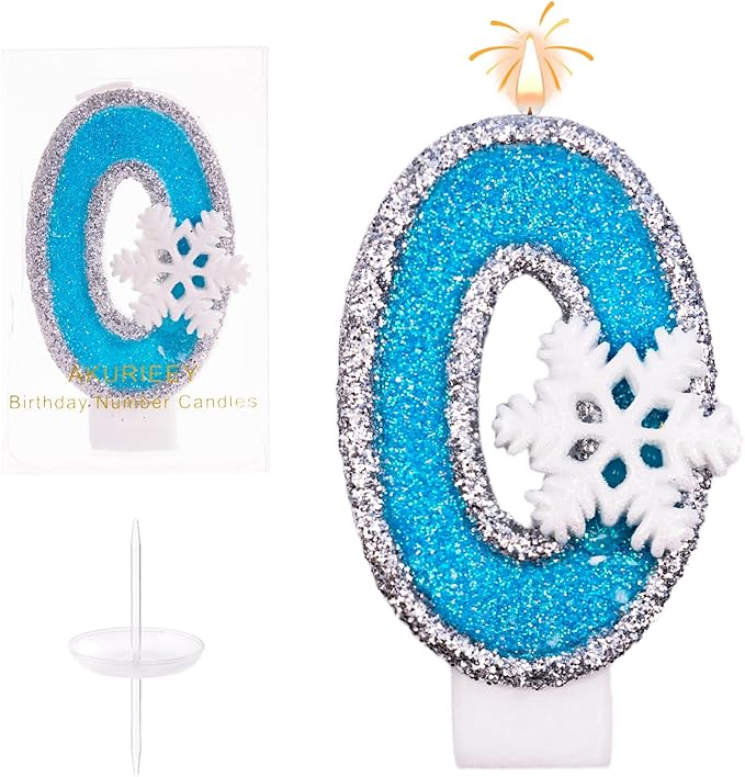 Blue Snowflake Birthday Candles Frozen Themed Number 0 Candles for Cake Topper Cupcake Decorations Party Decor Anniversary Celebrations Supplies