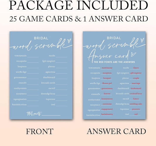 Bridal Shower Games Cards, Bridal Word Scramble, 25 Game Cards with 1 Answer Card, Engagement Party Wedding Games for Guests, Minimalist Blue Wedding Party Supplies - B14