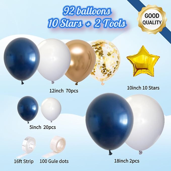 Navy Blue Balloon Garland Kit - 102pcs Blue and White Balloons with Gold and Star Foil Balloons - Party Decoration Arch for Graduation 2026 Birthday Baby Shower