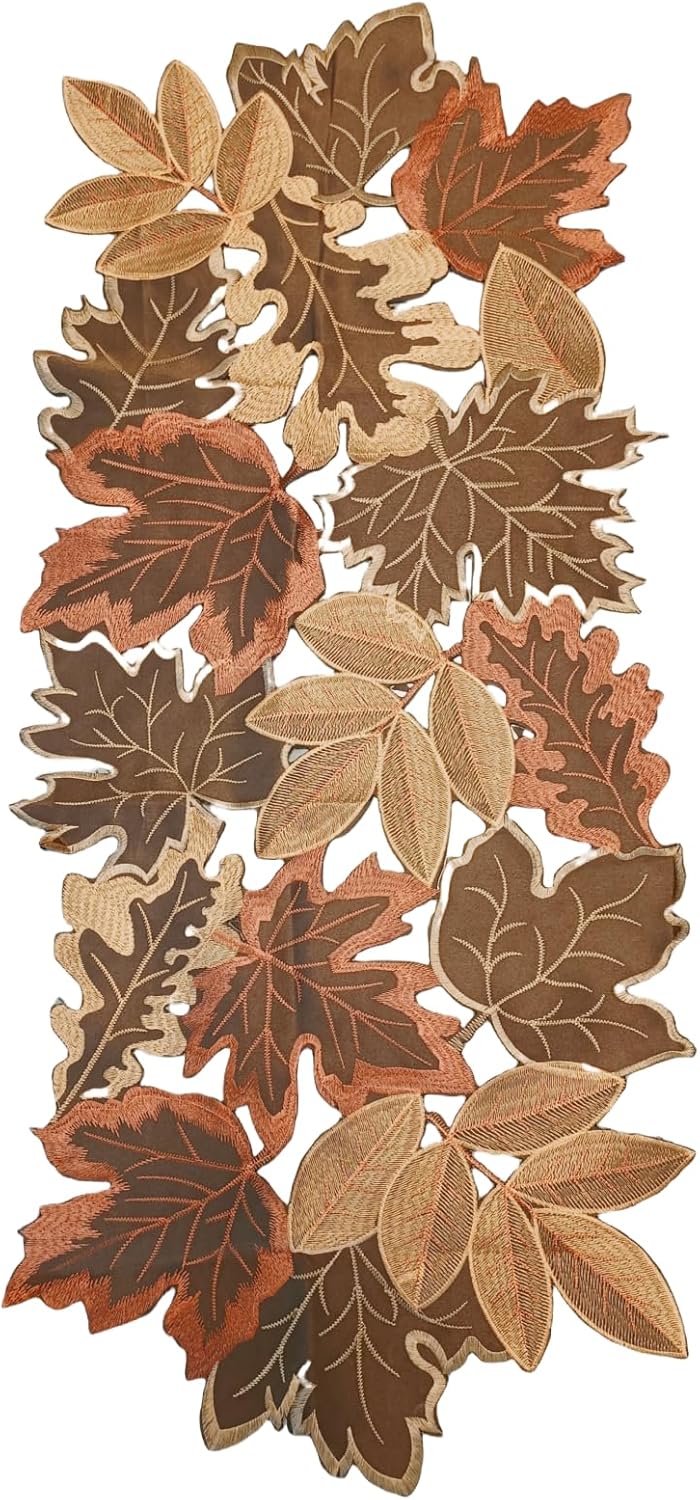 Fall Leaf Embroidered Table Runner 36 Inches for Thanksgiving and Autumn Harvest Decoration (16''x36'', Coffee Colored Maple Leaves)