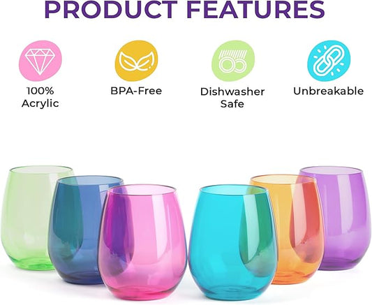 pop design Premium Unbreakable Stemless Wine Glasses – Set of 6 Durable BPA-Free Shatterproof Acrylic Glasses, 16oz Reusable Drinkware for Wine, Champagne, Cocktails, Home Bar & Outdoor Use