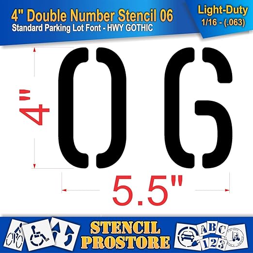 Pavement, Curb, and WheelStop Stencils - 4 inch Double Number Stencil - (06) - 4" x 5.5" x 1/16" (63 mil) - Light-Duty