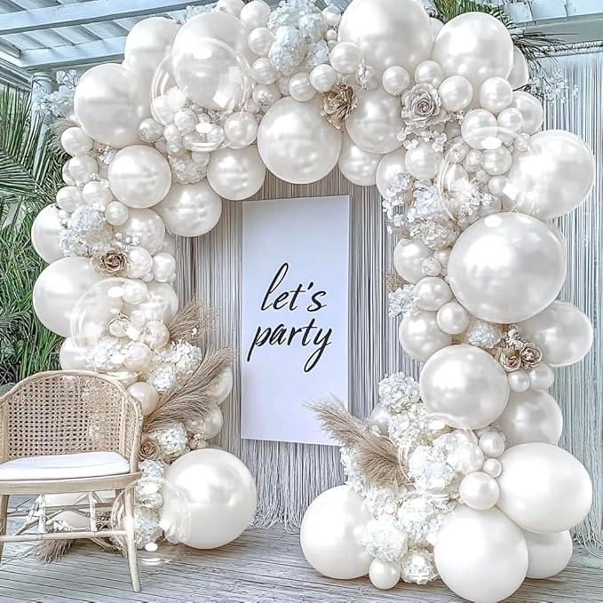 Pearl White Balloon Arch Double Stuffed Pastel White Cream Balloon Garland Different Sizes 12/10/5in With Clear Bobo Balloons For Birthday Wedding Bridal Baby Shower Baptism Engagement Party Decor