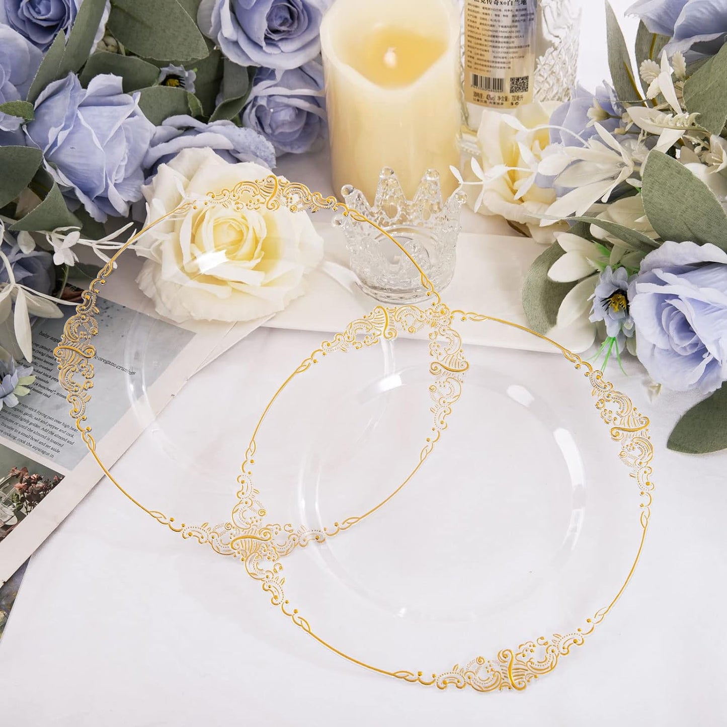 Morejoy 100pcs Gold Plastic Plates - Clear Gold Disposable Plates - 7.5 inch Clear and Gold Dessert Plates, Clear Plastic Plates with Gold Rim for Weddings & Parties & Shower