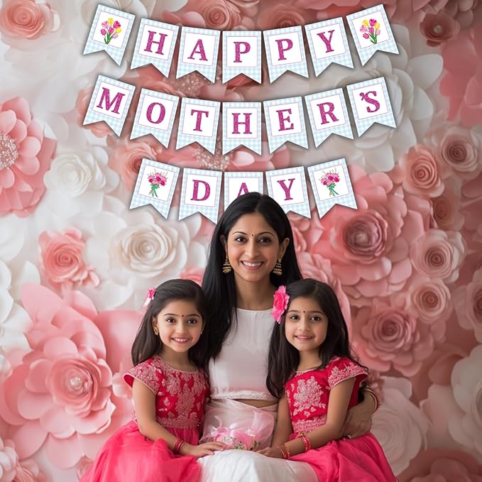 Happy Mother's Day Banner Set Decoration for Mother's Day Party Decorations Backdrop Garland for Mom Glitter Garland Photo Props (Blue Tulip)