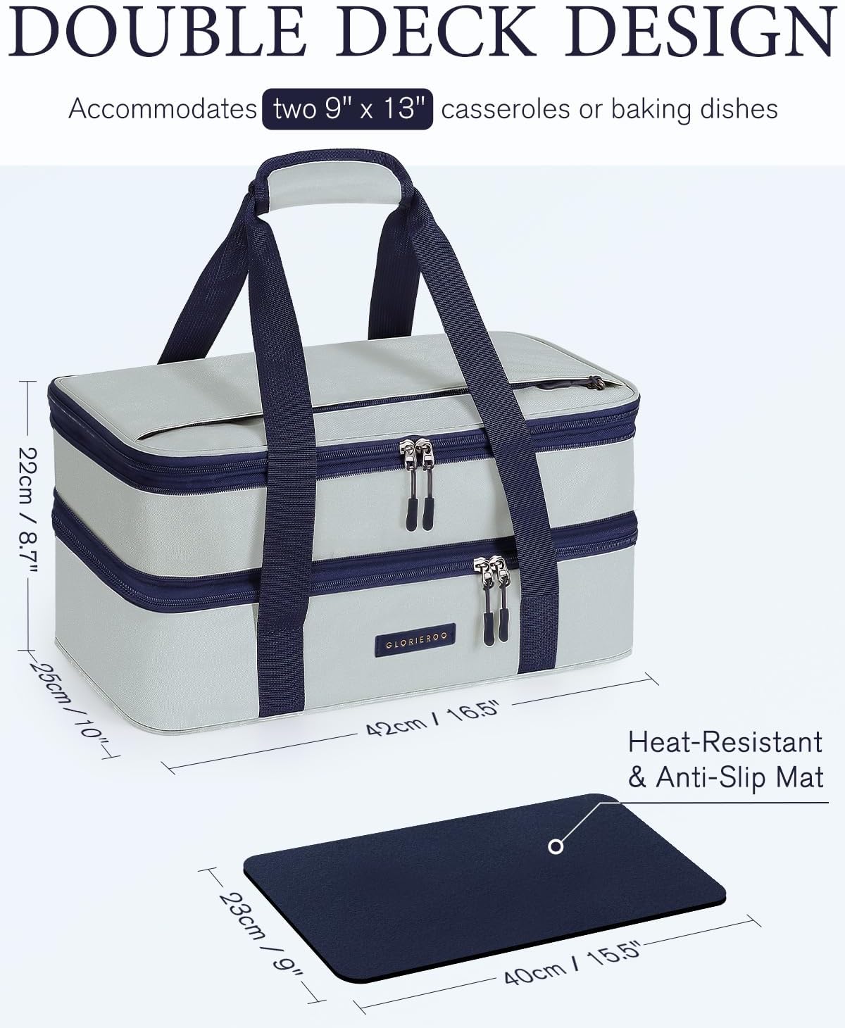 Insulated Casserole Carrier for Hot or Cold Food 9x13 - Double Deck Food Container Bag Warmer with Heat-Resistant Mat for Potluck Parties Picnic Cookouts Fits 9" x 13" Casserole or Baking Dish