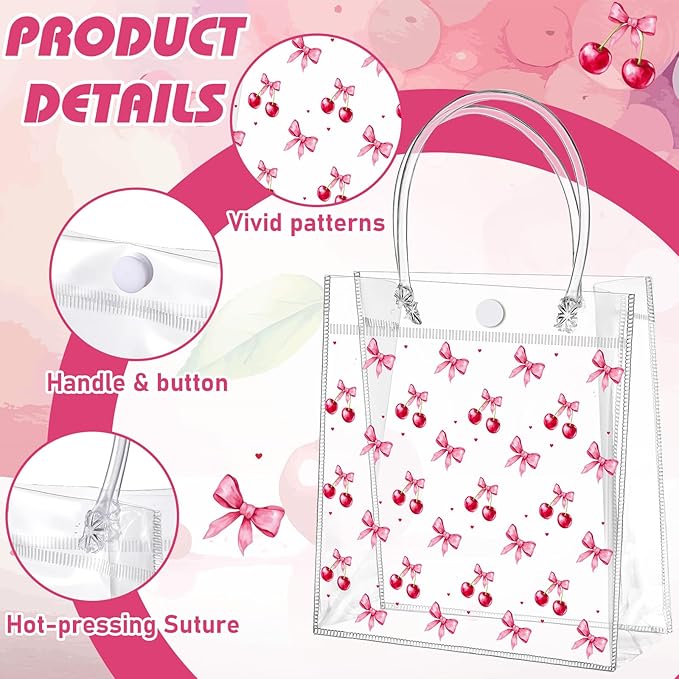 Tioncy 24 Pcs Cherry Party Favor Bags Pink Bow Red Cherries Clear PVC Gift Bags with Handles Candy Treat Basket for Little Cutie Baby Shower Decorations Wedding Birthday Summer Party Supplies