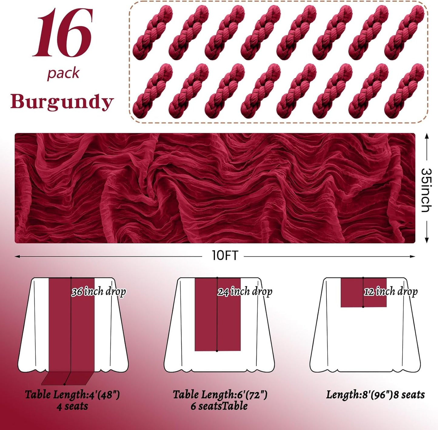 16Pack Burgundy Cheesecloth Table Runner 10FT Gauze Cheese Cloth Table Runner 35x120Inch Long Boho Spring Easter Table Runners Rustic Sheer Table Runners for Wedding Baby Shower Bridal Shower Decor